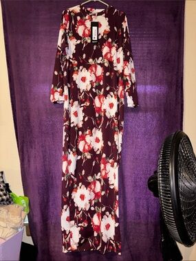 Rebdolls Burgundy Maxi Dress with White & Red Floral Print